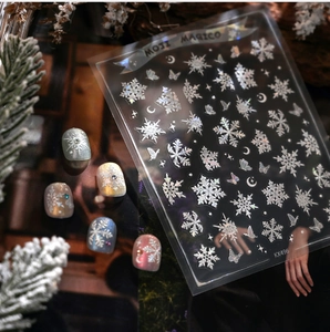 Close-up of winter snowflake nail art stickers with glitter effects and festive designs
