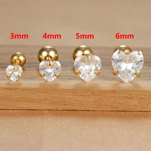 Golden titanium steel heart-cut cubic zirconia studs in 3mm to 6mm sizes for women