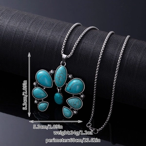 Detail view of turquoise pendant with dimensions 5.3cm and 60cm stainless steel box chain