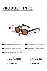 Detailed technical specifications and sizing dimensions for retro square frame sunglasses