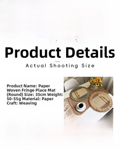 Detailed size chart of round paper woven placemat with tassels and color patchwork design