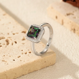 Elegant S925 sterling silver ring featuring a rainbow square stone and halo diamonds