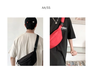 Detail of adjustable strap and buckle on black and red canvas crossbody waist bags