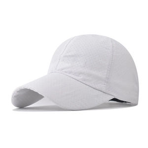 Detailed macro view of white breathable mesh fabric on a quick-dry outdoor sports cap
