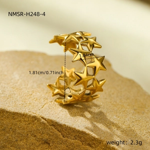 Detail view of 18k gold star pattern ring with size measurements and weight on stone