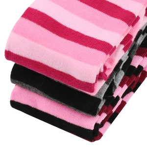 Close-up of folded striped knee-high socks in pink, grey, and black knitted cotton