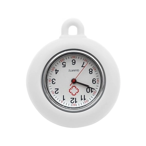 Classic white silicone nurse watch with round dial and medical cross icon on white background