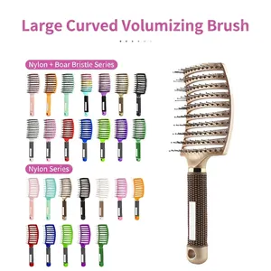 Vented curved hairbrush with nylon bristles and anti-slip handle for volume and massage