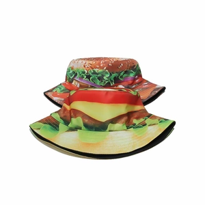 Detail of creative hamburger pattern print on double-sided bucket hats for men and women