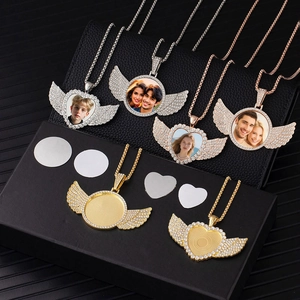 Angel Wings Heart Round Pendant Necklace Alloy Rhinestone Bling Hip Hop Jewelry Blank DIY Accessories For Women