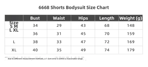 Size chart for high elastic v-waist yoga romper showing bust, waist, and hip dimensions