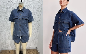 Detail of dark blue denim set with short-sleeve button shirt and elastic waist shorts