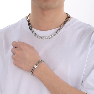 Polished silver stainless steel Cuban link chain necklace and bracelet set for men