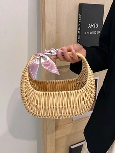 Woven Straw Basket Bag Rattan Handheld Purse With Satin Scarf Decor Vintage Summer Beach Handbag For Women