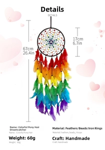 Detailed view of colorful feathers and handmade beads on a 67cm dream catcher