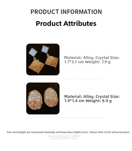 Detail view of geometric crystal earrings in square and oval shapes with size specifications