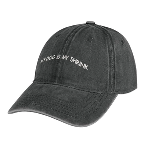 Macro detail of My Dog Is My Shrink white embroidery on washed cotton baseball cap