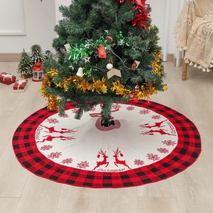 Christmas Tree Skirt Knitted Reindeer Snowflake Pattern Red Black Plaid Border Acrylic Holiday Decoration