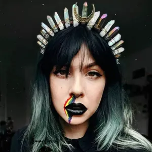 Detailed close-up of Gothic Wicca crown with iridescent crystals and bronze moon charm