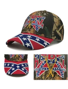 Close-up of camouflage baseball cap featuring embroidered flags and rebel text detail