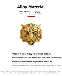 Detailed view of gold tiger head brooch with zinc alloy dimensions 33x34mm and 10g weight