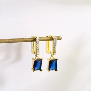 Elegant 18K gold plated drop earrings with blue rectangular gemstone and zircon accents