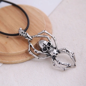 Retro silver skull and spider pendant necklace for men with black rope chain