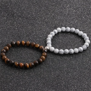 8mm tiger eye and white turquoise beaded magnetic heart couple bracelets on dark background