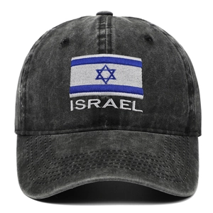 Washed black baseball cap with Israel flag embroidery and vintage distressed finish