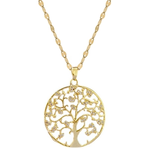 Gold plated tree of life necklace with cubic zirconia accents on a flat link chain