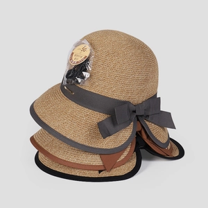 Women Japanese Style Paper Straw Sun Hat UPF 50 UV Protection Foldable Elegant Bow Bucket Hat Summer Beach Vacation