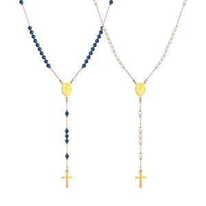 Gold stainless steel Virgin Mary cross necklace with blue and white faux pearls