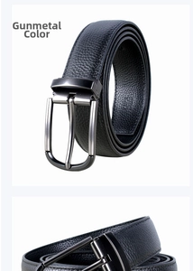 Close-up of premium black leather belt with a classic gunmetal alloy pin buckle