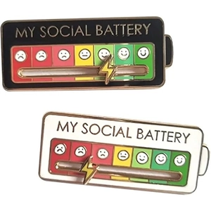 Interactive social battery enamel pins with sliding lightning bolt in black and white