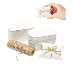 White pillow favor box with hemp rope, shown flat and assembled for gift wrapping