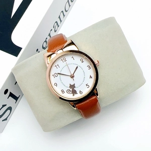 Detail of a ladies' quartz watch with brown leather strap and gold case on a display pillow