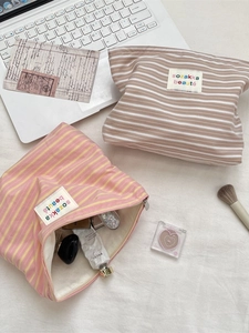 Striped canvas toiletry bags with metal zipper and large capacity storage for cosmetics