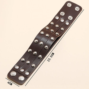 Detail view of punk leather bracelet with three rows of studs and size 23.5cm x 4cm