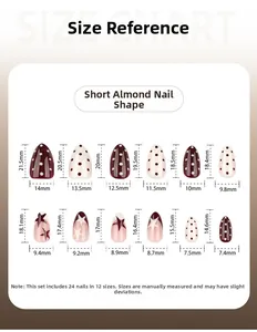 Detailed size chart for short almond press-on nails with 12 specific measurements