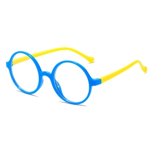 Kids round fashion glasses with blue frames and yellow temples in 45-degree side view