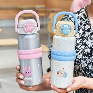 Detail of portable cartoon thermos with dual-drinking lid and silicone handle grip