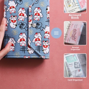 Detail of blue fabric binder with lucky cat pattern and functional inner zipper pockets
