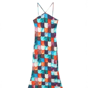 Sleeveless maxi dress with fish scale print and colorful rainbow gradient pattern