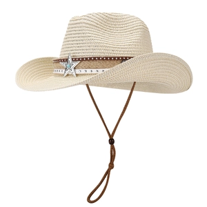 Foldable beige straw cowgirl hat with star ornament and wind strap for summer travel
