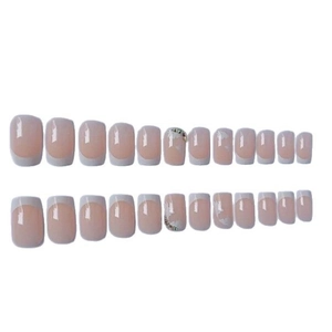 French tip press-on nails set with pink base, white edges, and silver glitter rhinestones