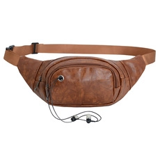 Close-up of waterproof Oxford waist bag featuring a functional headphone port with wire