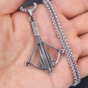Vintage stainless steel crossbow pendant necklace with a rustic silver finish for men