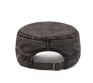 Rear view of dark grey washed cotton cadet cap showing adjustable metal buckle closure