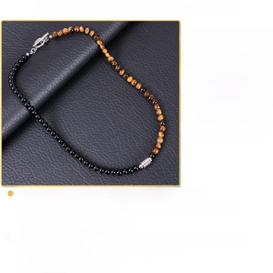 Collier pour homme en œil de tigre et obsidienne avec fermoir OT en acier, 45 cm