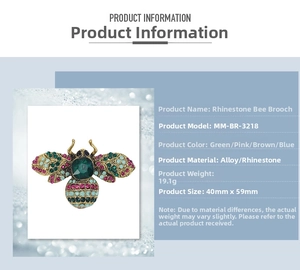 Detailed size chart of vintage bee brooch with colorful crystals and bronze alloy frame